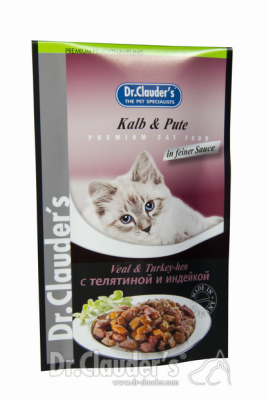DR. CLAUDER'S drėgnas maistas katėms su veršiena ir kalakutiena drebučiuose