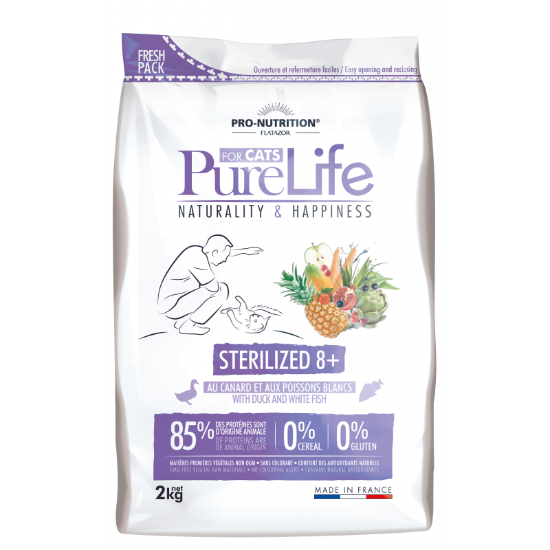 Pro nutrition Pure Life STERILIZED 8+  Begrūdis maistas suaugusioms sterilizuotom ir į nutukimą linkusiom katėm virš 8 m.  su antiena ir baltąja žuvimi 2kg