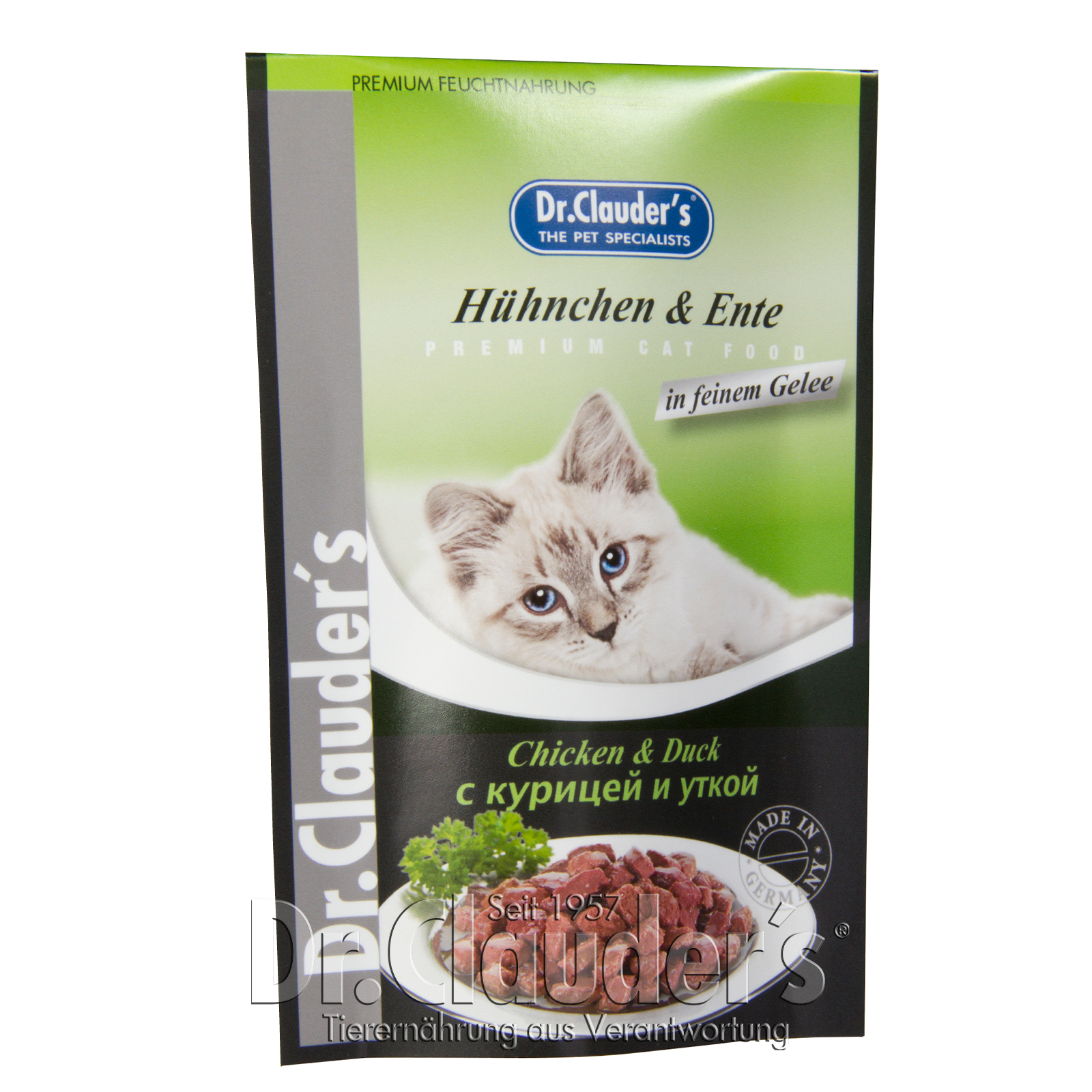 DR. CLAUDER'S drėgnas maistas katėms su vištiena ir antiena drebučiuose