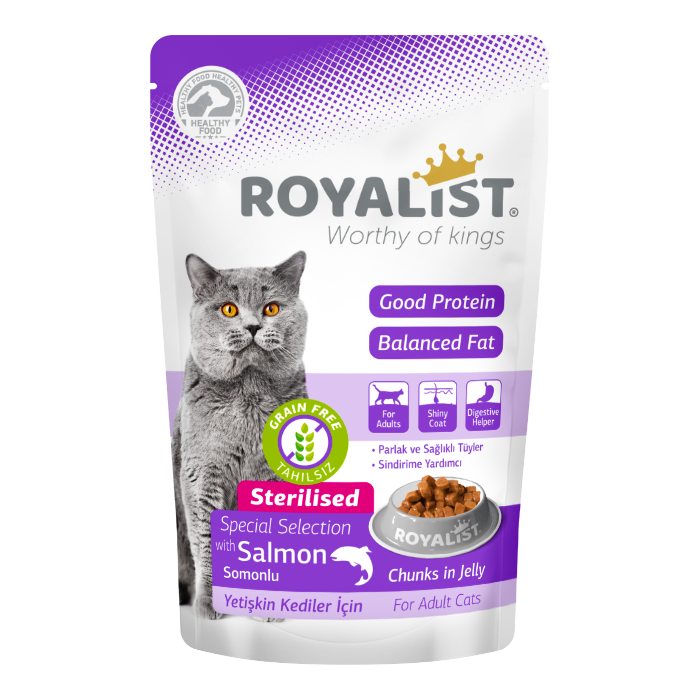 Royalist Wet Pouch Cat Salmon Sterilised konservai drebučiuose su lašiša sterilizuotoms katėms, 85g