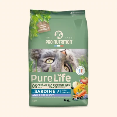 PRO-NUTRITION Pure Life Adult Sterilised sardine sausas maistas suagusioms sterilizuotoms katėms su sardinėmis 2-8 kg