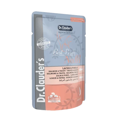 DR. CLAUDER'S drėgnas maistas katėms su lašiša ir upėtakiu drebučiuose 100 g