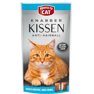 PERFECTO CAT ANTI HAIRBALL, traškios pagalvėlės skanėstai katėms su įdaru, skatinančios plaukų pasišalinimą 50g
