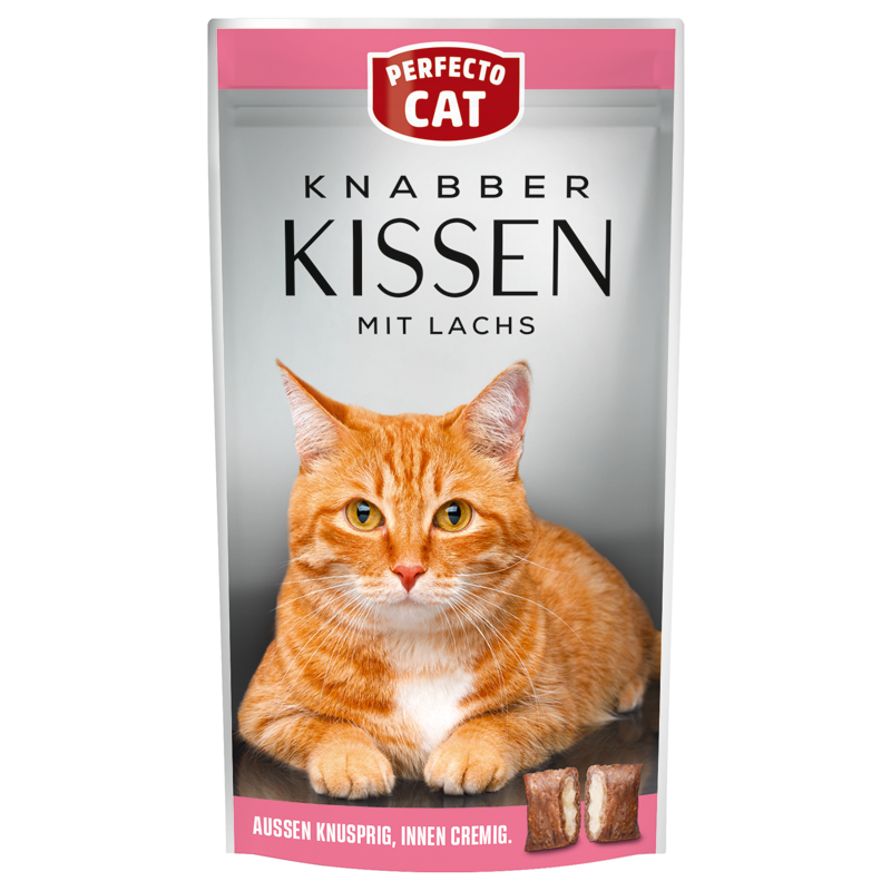 Perfecto Cat traškios pagalvėlės katėms su kreminiu lašišų įdaru 50g